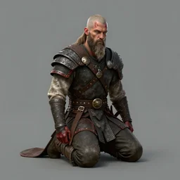 aesthetic digital illustration of a kneeling viking warrior, by anne stokes | dirty and bloody, concept art, character concept, matte background. unreal engine, finalrender, centered, deviantart, artgerm