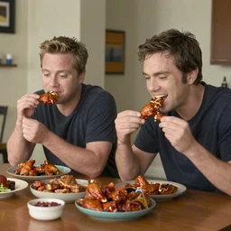 owen wilson and like wilson eating buffalo chicken wings at the apartment from friends tv show, soft lighting, super detailed