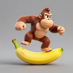 Donkey Kong stepping on a banana. The banana is on the ground, Donkey Kong is above the banana. 3D render