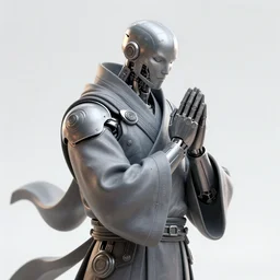 a cyborg warrior monk praying, wearing a flowing cloak, cyborg hardware, 3 d render, octane, zbrush, painting, artstation, concept art, smooth, sharp focus, illustration, art by artgerm and greg rutkowski and alphonse mucha