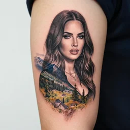 double exposure effect tattoo sketch of megan fox with beautiful mountain scenery, realism tattoo, in the style of brandon kidwell