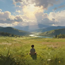 a cinematic landscape view looking at an open field, a boy sits in the field looking at the sky, mountains in the distance with a river running down, the sun shines through the parted clouds, digital painting, fantasy, art by alexandre mahboubi and christophe oliver