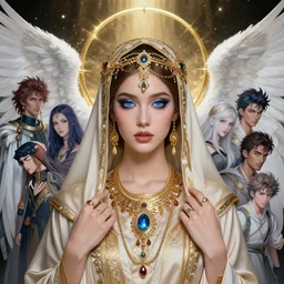 a beautiful arabian angel wearing a hijab with jewelry by alex gray, android jones, nekro, karol bak, ayami kojima, artgerm, yoshitaka amano, olivier ledroit, ruan jia, charlie bowater, tom bagshaw, make up, blue eyes, golden hora, concept art, fantasy