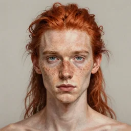 portrait of a thin man, red hair, ponytail, freckles, intricate, symetric, highly detailed, digital painting, artstation, sharp focus, illustration