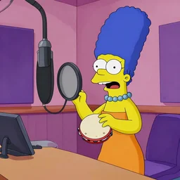 In the style of Matt Groening: Marge Simpson in a recording booth singing and banging a tambourine.