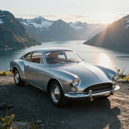shiny retro futuristic vintage car parked at deserted scenic viewpoint in alaska, volumetric lighting, god rays, beautiful, summer morning dew, sharp focus, ultra detailed, cgsociety
