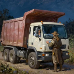 classic oil painting, a dump truck getting tucked in for bed, night time, goodnight scene as a dnd character, cottagecore, highly detailed, digital illustration, concept art, smooth, sharp focus, art by greg hildebrandt, and tim hildebrandt