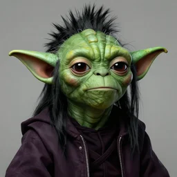 Yoda as a punk with long black hair, matte painting by Greg Rutkowski, highly detailed, sharp, hard edges, trending on artstation