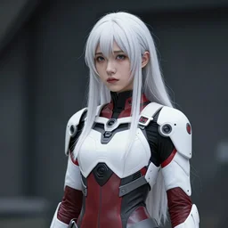 portrait of a woman by ayami kojima, she is about 2 0 years old, elven appearance, straight white hair, very tall and slender, sad look, wearing a futuristic tactical gear colored in white and red, sharp focus, cinematic lighting, artstation hq.