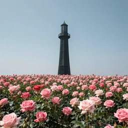 photo of a dark tower in the center of a field of roses. golden hour. photorealism. octane render. 4 k trends on artstation. canon mark 3
