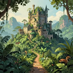 large jungle castle high in the mountains, mountain path, lush jungle, in the style Jordan grimmer and Moebius, trending on art station