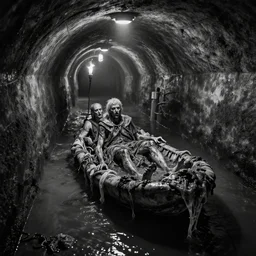 b & w inks sewage tunnels with primitive flesh raft, of rotten flesh, syd mead, enric torres, hyper realism, narrative light, muted colors, epic, hyper detailed, awe inspiring, award winning horror, torch lighting, hyper realism, cinematical