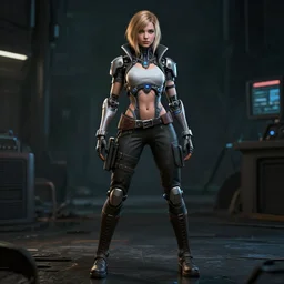 a beautiful metahuman cybeted female decker fullbody portrait by echo chernik in the style of shadowrun returns pc game. 8k 3d realistic render. Dark atmosphere volumetric lighting. Cyberpunk feel. Hypermaximalist ultradetailed cinematic charachter concept art. Digital illustration.