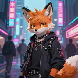 beautiful furry digital art portrait commission of an androgynous furry anthro fox fursona wearing punk clothes in the streets of a cyberpunk city. neon signs. character design by charlie bowater, ross tran, artgerm, and makoto shinkai