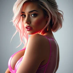 a sexy seductive portrait of shakira wearing transparent pink latex with soft rembrandt lighting, hajime sorayama