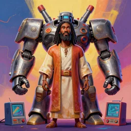 stylish caricature 3 d vfx drew struzan movie poster art of an african jesus, giant mecha & retro gaming consoles, art style by james jean & hsiao - ron cheng, unreal engine render, digital illustration, sharp, intricate detail, volumetric lighting, ray tracing, soft light, colourful, claymation style, ernie barnes style, symmetry, acrylic on canvas, pinterest, art