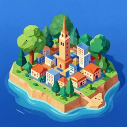 3 d isometric botanical illustration of a small city in an island surrounded by water, diego rivera in ukifuturist - e style variation 1, hd