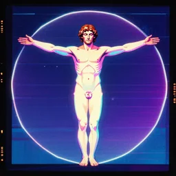 vitruvian man, portrait, vaporwave, synthwave, neon, vector graphics, cinematic, volumetric lighting, f 8 aperture, cinematic eastman 5 3 8 4 film