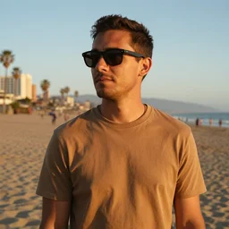 a buff tan man wearing shades on the beach of santa monica during a sunset