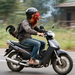 a chicken smoking a cigar while riding a motorbike, realistic, 4 k
