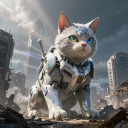 giant robot cat in an environment of a ruined city, unreal engine, octane, ray tracing, volumetric light, chromatic, prismatic, shine, rays, lens, artsation trends, jakub rozalski art style