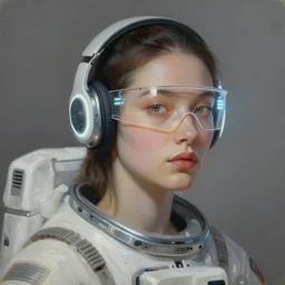 future coder, glowing pencil thin visor over eyes and sleek neon headphones desaturated portrait painting by donato giancola, dean cornwall, rhads, tom whalen, alex grey, frans hals, astronaut cyberpunk electric fashion photography