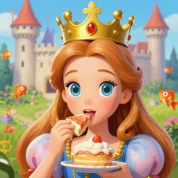 closeup face portrait of a tin toy fairytale princess wearing a crown eating cakes in the castle, nicoletta ceccoli, mark ryden, lostfish, max fleischer, detailed and intricate fairytale environment, hyper realistic, artstation, illustration, digital paint, matte paint, vivid colors, bright, cheerful,