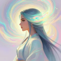 side - view profile portrait, side head, maya ali as a wind sorcerer, dota 2, robes, elegant, concept art, smooth, psychedelic, colorful swirly magic ripples, pastel colors, by huang guangjian, sachin teng, greg rutkowski, jesper ejsing, ilya kuvshinov, artgerm, mucha