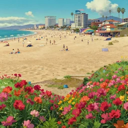 a film still of a sunny and colourful beach scene in santa monica, los angelos, top shot, waist up, wes anderson, studio ghibli, pixar and disney animation, sharp, rendered in unreal engine 5, anime key art by greg rutkowski, bloom, dramatic lighting