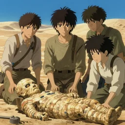 portrait of archaeologists finding mummies in the desert, studio lighting delicate features finely detailed perfect face directed gaze, gapmoe yandere grimdark, trending on pixiv fanbox, painted by greg rutkowski makoto shinkai takashi takeuchi studio ghibli