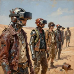 junky men in desert, cybertronic gadgets and vr helmet, durty colours, rotten textures, rusty shapes, biotechnology, norman rockwell, tim hildebrandt, mark maggiori, jeff dekal, dariusz zawadzki, long shot, hyperrealistic oil painting on canvas, deep depth field, cinematic composition, hyper - detailed, hdr, 8 k, 4 k