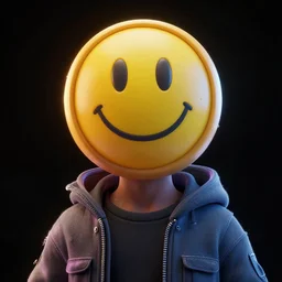 a person with a smiley face on their head, cyberpunk art by mike beeple winkelmann, cgsociety, space art, rendered in cinema 4 d, behance hd, black background