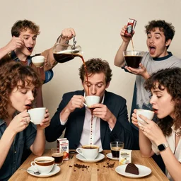 incredible absurd surreal photoshoot advertisement for coffee, people enjoying coffee in the style of tim walker, people pouring coffee on themselves, celebration of coffee products, faces of too much caffeine, vsco film grain