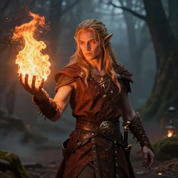 a fire wizard elf holding a fire ball in his right hand, 4k
