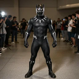 anthropomorphic black panther cosplaying as black panther, dragoncon, flash photography, full length, 3 5 mm, f / 2. 8