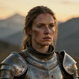 head and shoulders portrait of a female knight, chipped armor, dirty armor, used armor, lightly dirty face, light spatter of blood, detailed face, photography by jimmy nelson, dramatic mountain background, golden hour, hq
