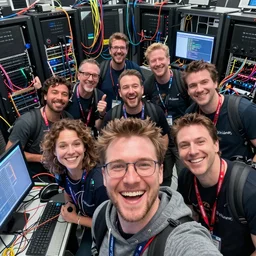 selfie of a tight group of happy drunken hackers hooked directly into computers, wired in, in a highly detailed server room with computers everywhere and wires, in a scifi movie, vivid colors, by jamie hewlett, stephan martiniere, james gurney, james jean, anato finnstark. hyper detailed, wide angle, perfect faces