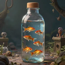 the space closed in a bottle of water filled with fishes, trending on art station, very detailed, detailed background
