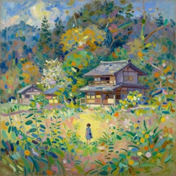 tiny character in front of a beautiful japanese country side landscape, amazing ryokan, lofi vibe, vivide colors, amazing light, really beautiful nature, oil painting, impressionist style, by jeremy lipkin, by claude monet, by ghibli, kandinsky touches, multiple brush strokes, masterpiece