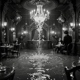 steampunk ballroom flooding, filling up with water, black and white photograph