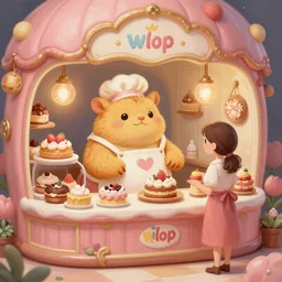 a cute painting, inside a fantasy dessert bakery an adorable short fat obese kobold wearing apron and hat selling pastries to a human lady, intricate, highly detailed, artstation, concept art, smooth, sharp focus, cute colorful scene, art by artgerm and greg rutkowski and wlop