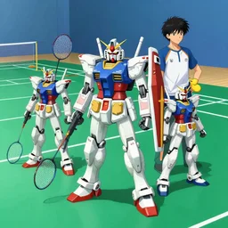 illustration of gundam action figures on a badminton court by ilya kuvshinov katsuhiro otomo