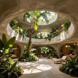 interior view looking over a holistic birthing center for laboring mothers, indoor tropical plants, wavy organic architecture, natural sunlight,