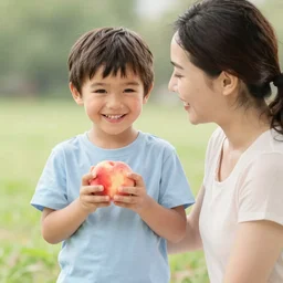 happy boy holding a half eaten peach standing next to his mother