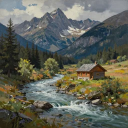 matte sharp painting, a river running past a cozy cabin in the mountains, juxtapoz, artforum, gary baseman, preston blair, tex avery, dan mumford, pedro correa