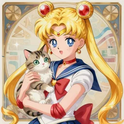 beautiful detailed sailor moon aesthetic, sailormoon holding a very beautiful detailed cat, art by Artgerm and Greg Rutkowski and Alphonse Mucha
