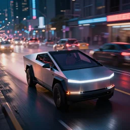 a 2 8 mm closeup photo of a tesla tron cybertruck driving a on wet city street with lots of traffic at night, intricate, speed, action, need for speed, hyper detailed, smooth, high contrast, neon, volumetric lighting, octane, moebius, greg rutkowski, blade runner, ripley scott, synthwave, mad max, cinematic