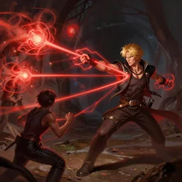 a blond male resonant psycaster shooting out strings of red psychic energy into his glowing targeted foes, concept art featured on artstation, digital painting