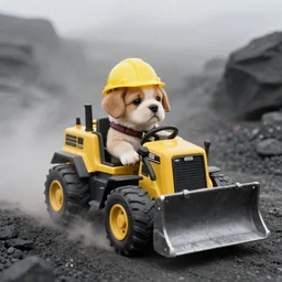 puppy driving miniature bulldozer in a dusty coal mine, wearing hard hat, fog, photo from 1 9 9 8,