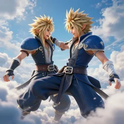 epic scene of most gorgeous final fantasy x character fighting, in heaven, hyper detail, face detail, hyper realistic, sculpt, 3 d render, art station, particles, epic scene,